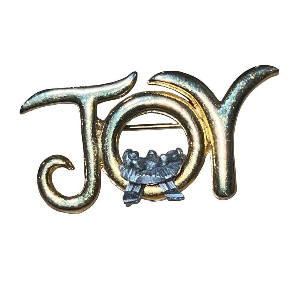 Vintage Joy Holiday Christmas Baby Jesus In Manger Gold Tone Pewter Brooch